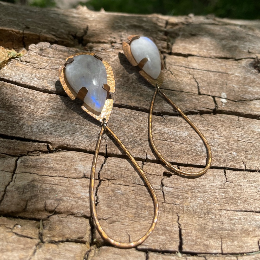 Custom handmade moonstone and brass teardrop earrings